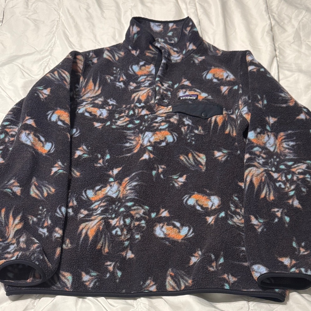 Patagonia Black Fleece Pullover with Orange and Light Blue Floral Print